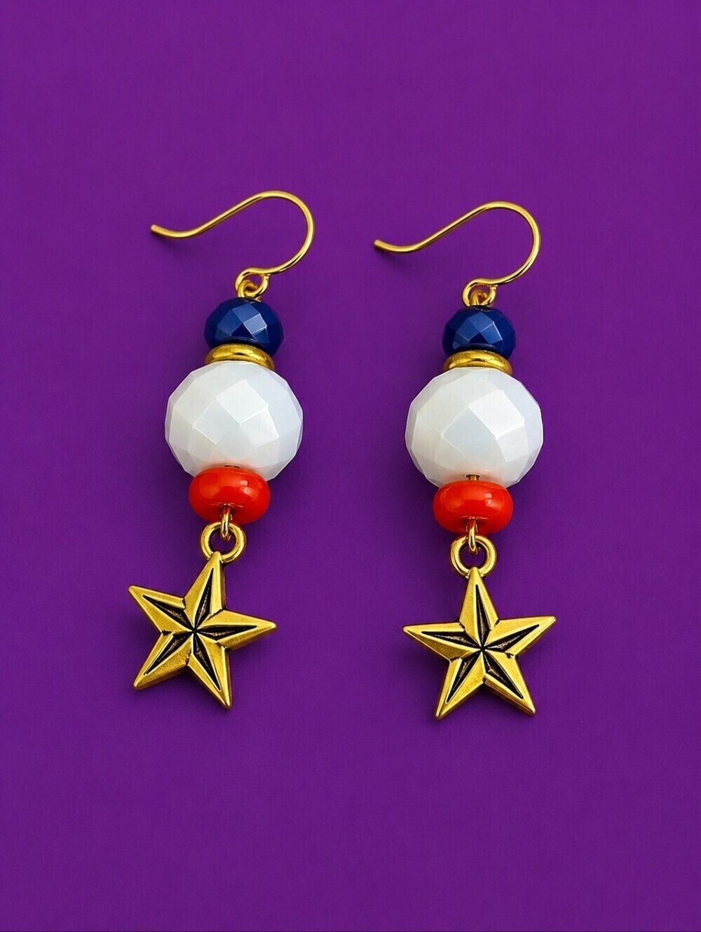 3/$30 HANDMADE Red White and Blue Brass Star Dangle Hook Earrings